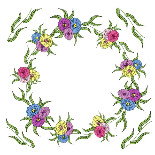 Piękny Okrągły Wieniec Kolorowe Jasne Kwiaty Liście Wykonane Stylu Dudling — Wektor stockowy