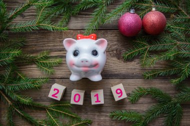 Noel ağaç dalları ve kırmızı oyuncaklar ve 2019 - ahşap arka plan üzerinde domuz sembolü ile yeni yıl resmi