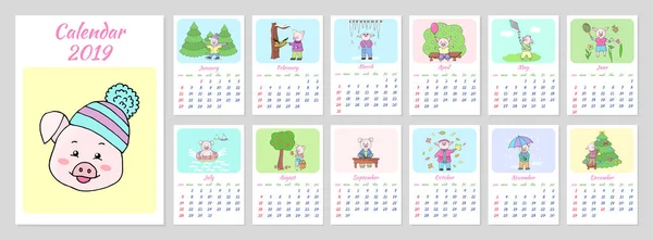 Календарь Сетки Каждого Месяца 2019 Новый Год Счастливым Милый Смешной — стоковый вектор