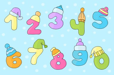 Vektör komik sevimli sayılar 0 9 sıcak kış ve yılbaşı şapka mavi zemin üzerine
