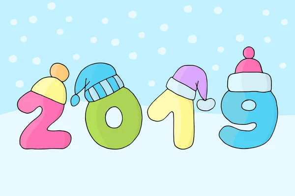 雪と青色の背景色のかわいい暖かいクリスマス冬の帽子で多色 2019年新年をベクトルします — ストックベクタ