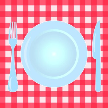 Vektör boş temiz tabak, çatal ve bıçak üzerinde kareli kırmızı masa örtüsü