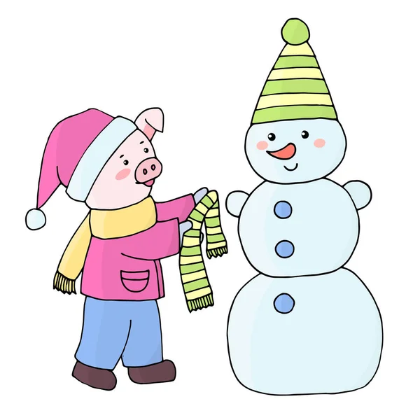 Doodle Σχέδιο Χαριτωμένος Χοίρου Χειμερινή Στολή Και Χιονάνθρωπο Καπάκι Και — Διανυσματικό Αρχείο