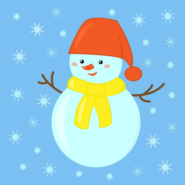Χαρούμενος Χιονάνθρωπος Ένα Κόκκινο Καπέλο Και Ένα Κίτρινο Κασκόλ Απολαμβάνει — Διανυσματικό Αρχείο