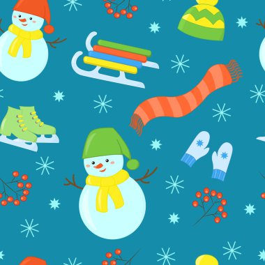Vektör Dikişsiz desen kış ve yılbaşı açık oyunları: kayaklar, kızakları, paten, eldiven, şapka, kardan adam, kar taneleri mavi yeşil zemin üzerine şakrak kuşu