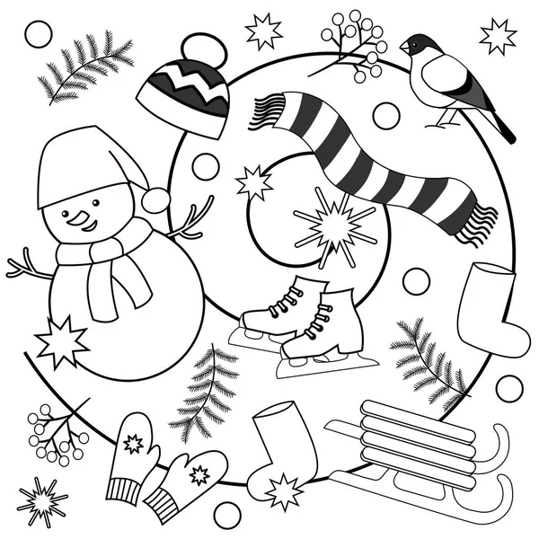 Winterfärbung Für Kinder Und Erwachsene Mit Fäustlingen Stiefel Hut Schal — Stockvektor
