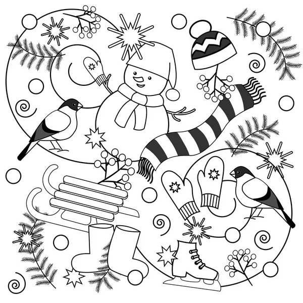 Coloração Inverno Para Crianças Adultos Com Luvas Botas Chapéu Lenço — Vetor de Stock