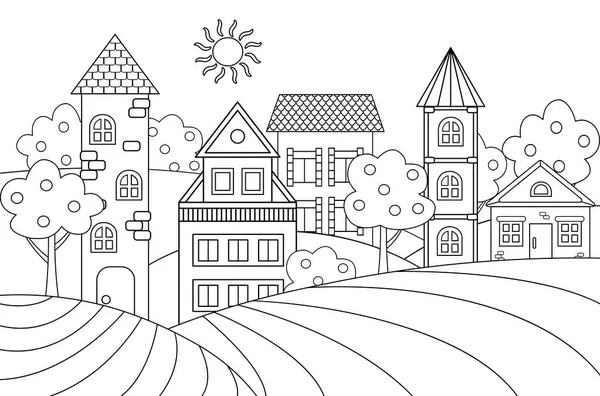 Paysage Vectoriel Avec Maisons Tourelles Pour Livre Colorier — Image vectorielle