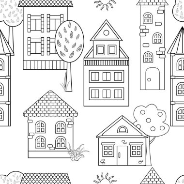 Vektör seamless modeli ile farklı evler ve yetişkin ve çocuklar için boyama kitapları için kuleleri
