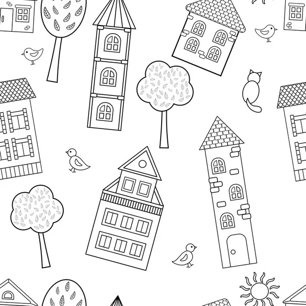 Векторный Бесшовный Рисунок Различными Домами Башнями Раскраски Книг Взрослых Детей — стоковый вектор