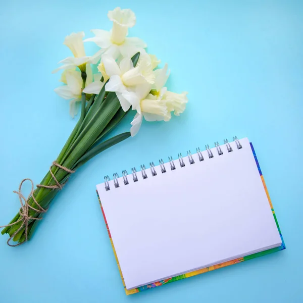 Square Picture Notebook Bouquet Light Yellow Daffodils Blue Background — Stock Photo, Image