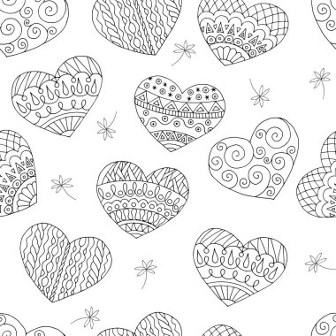 Sevgililer günü için boyama kitapları, siyah ve beyaz doodle çizilmiş kalplerin seamless modeli