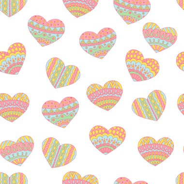Sevgililer günü için boyama kitapları için elle çizilmiş ve pastel renkli doodle kalplerin seamless modeli