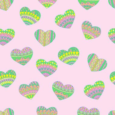 Sevgililer günü pembe arka plan için elle çizilmiş ve pastel renkli doodle kalplerin seamless modeli