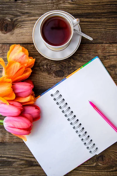 Romantic Festive Picture Beautiful Pink Orange Tulips Cup Tea Notebook — Stock Photo, Image