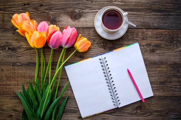 Romantic Festive Picture Beautiful Pink Orange Tulips Cup Tea Notebook — Stock Photo, Image