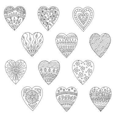 Sevgililer günü için boyama kitapları, desenleri ile çizilmiş doodle kalpler