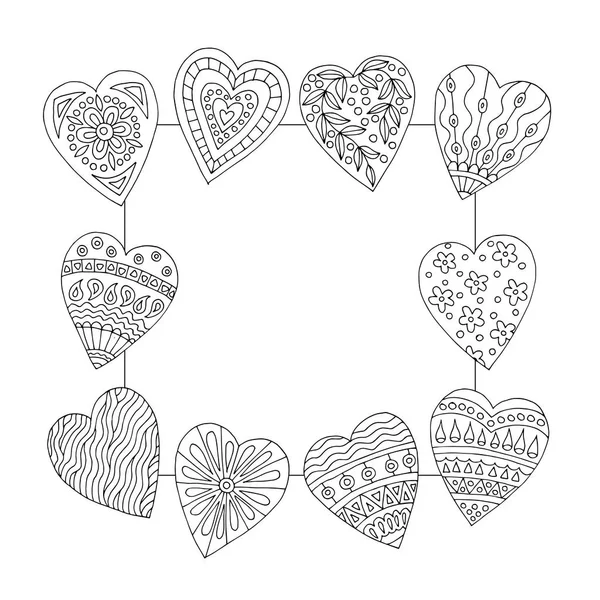 Square Frame Abstract Pattern Hand Drawn Hearts Doodles Children Adults — Stock Vector