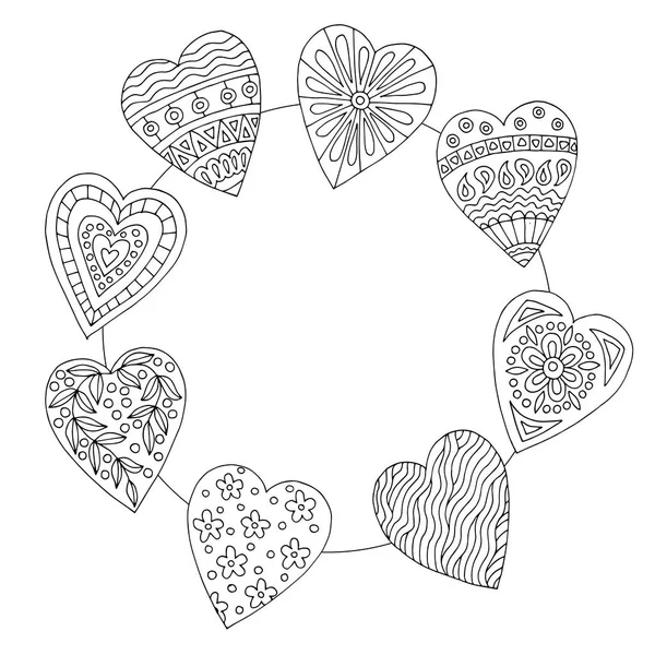 Frame Abstract Pattern Hand Drawn Hearts Doodles Children Adults Coloring — Stock Vector