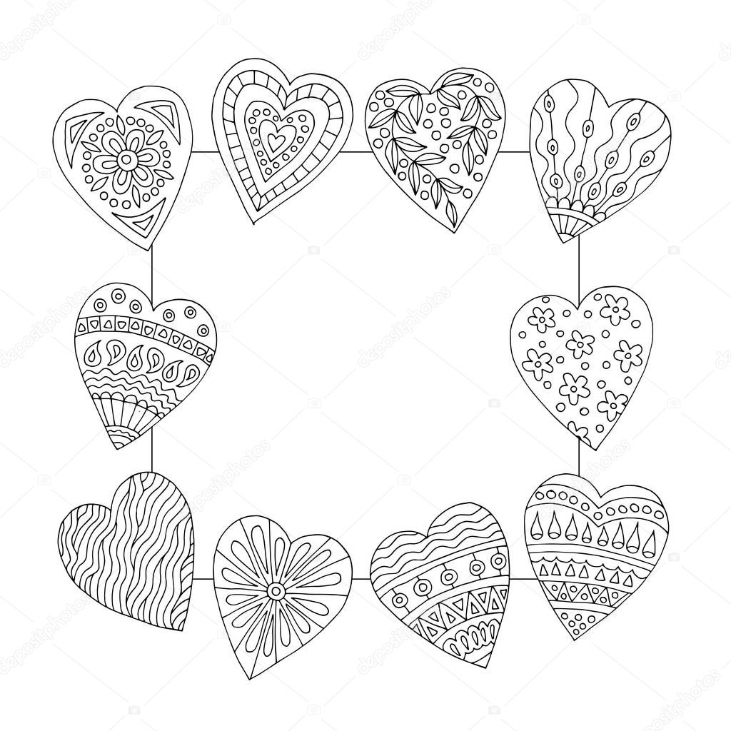 Square frame with abstract pattern of hand-drawn hearts doodles for children and adults coloring books, Valentine's day
