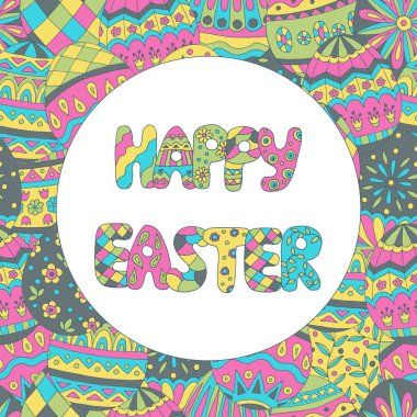 Renkli doodle yumurta desenleri, mutlu paskalya kartı ile yuvarlak çerçeve