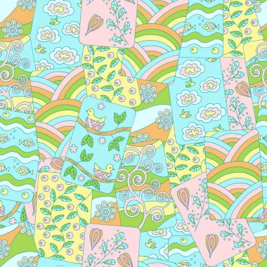 Kuşlar, bulutlar, dalları, çiçekler, Bahar resimleri soyut çok renkli Dikişsiz desen bırakır