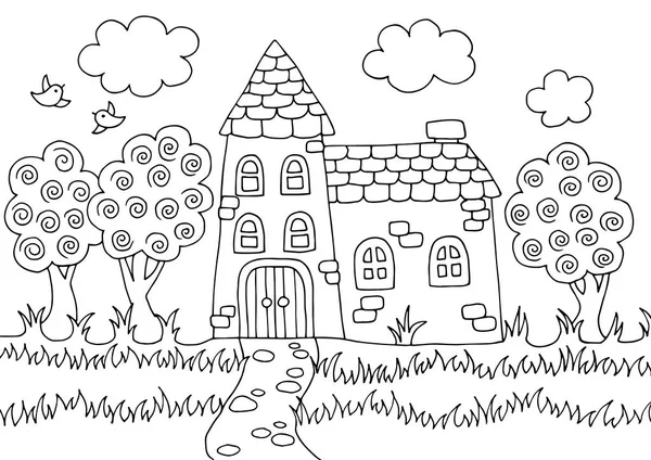 Livre à colorier Doodle avec maison de fée — Image vectorielle