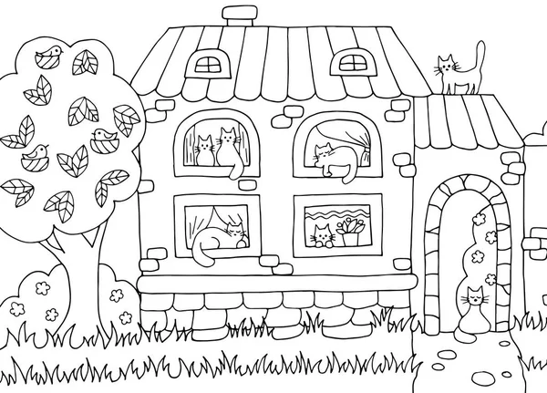 Hand drawn coloring page with house and cats — Stock Vector