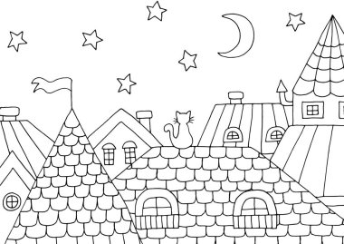 Elle çizilmiş çatıda bir kedi ile sayfa boyama