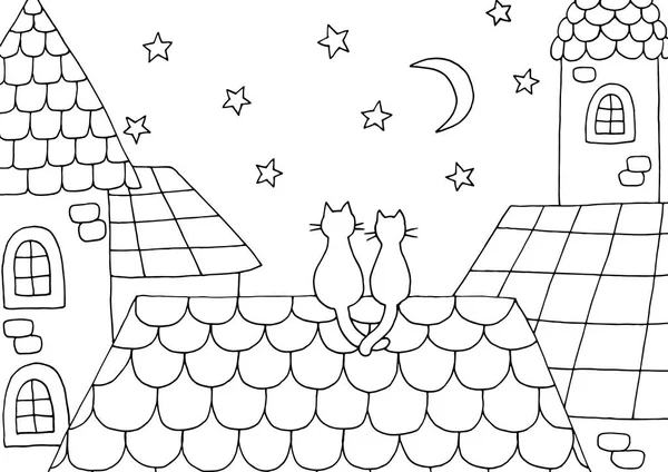 Desenhado à mão página para colorir com um gato no telhado — Vetor de Stock