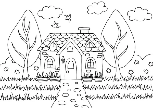 Livre à colorier Doodle avec maison de fée — Image vectorielle