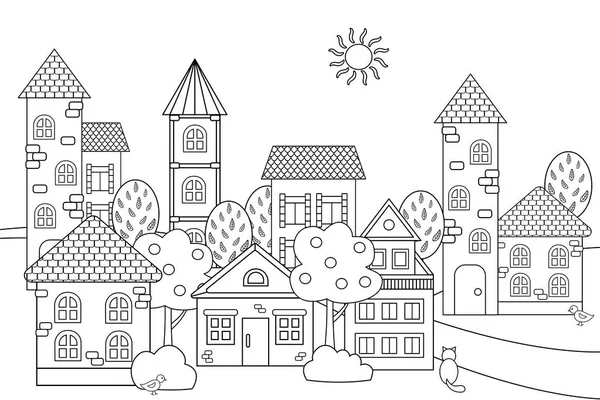 Paysage vectoriel avec maisons pour livre à colorier — Image vectorielle