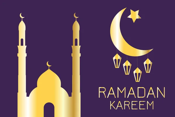 Silueta dorada de mezquita y media luna con linternas — Vector de stock