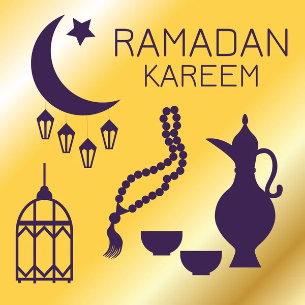 Silhouetten van oosterse objecten op een gouden achtergrond, Ramadan Kareem, wenskaart — Stockvector