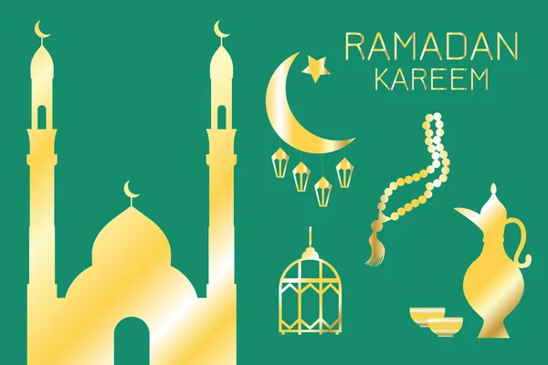 Siluetas doradas de objetos orientales: Ramadán Kareem, tarjeta de felicitación — Vector de stock