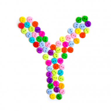 Çok renkli düğmelerden yapılmış İngiliz alfabesinin Y harfi
