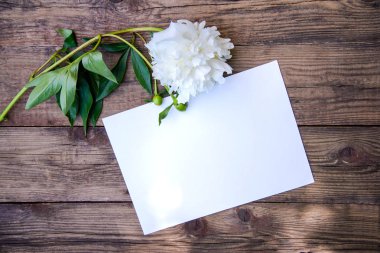 Beyaz şakayık ve tahta arka planda bir kağıt.