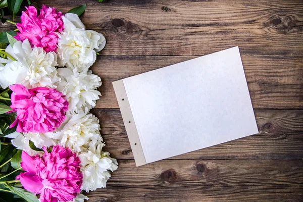 Красивая рамка из белых и розовых пионов — стоковое фото