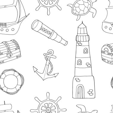 Deniz temalı Doodle Dikişsiz desen, boyama sayfası