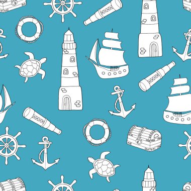 Deniz temalı Doodle Dikişsiz desen, boyama sayfası