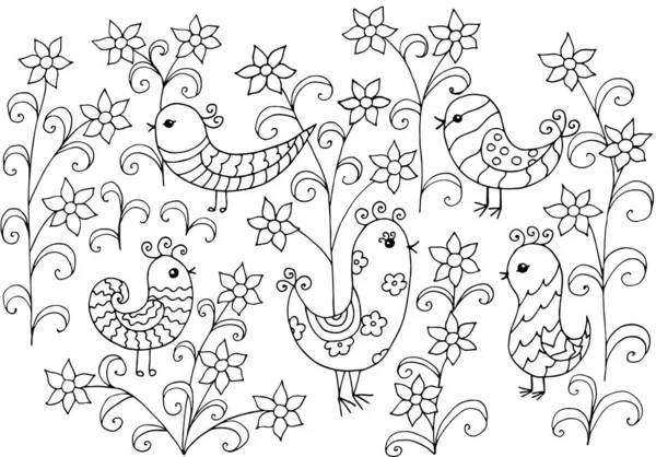 Розмальовка Дудл з квітами і птахами — стоковий вектор