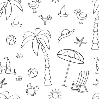 Denizde dinlenme teması nda vektör dikişsiz desen, boyama sayfası