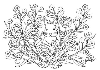 Çiçek ve tavşan ile boyama sayfası