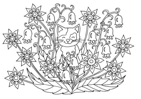 Desenho para colorir com flores e gato —  Vetores de Stock
