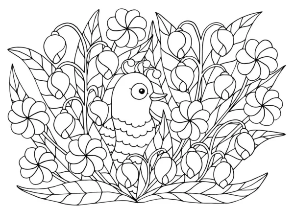 Розмальовка з квітами і пташкою — стоковий вектор