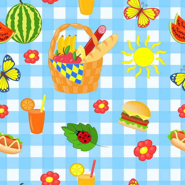 Patrón sin costura vectorial con conjunto de picnic de verano — Vector de stock
