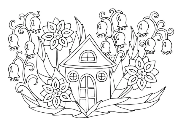 Окраска страницы с небольшим домом в цветах — стоковый вектор