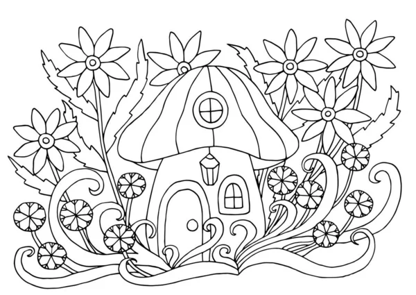 Çiçeklerbir mantar evi ile boyama kitap sayfası