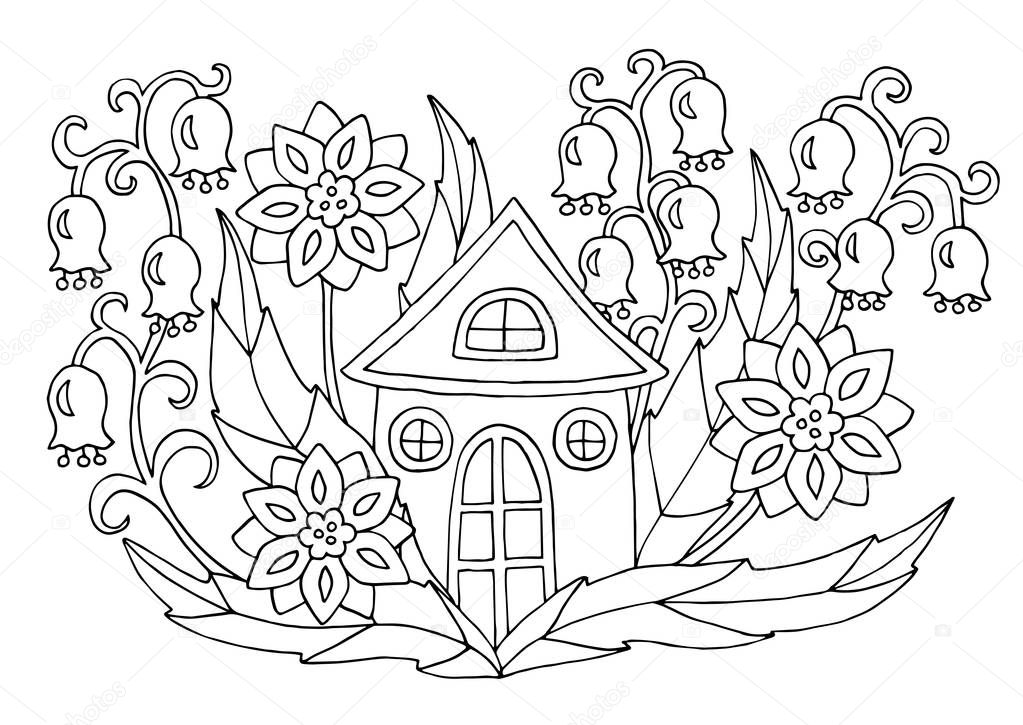 Coloring page with a small house in flowers
