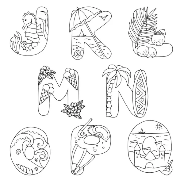 Alfabeto Doodle con riposo sul mare, da J a Q, per colorare pagina — Vettoriale Stock